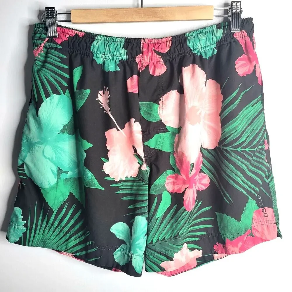 Osklen Surfing Mens Board Shorts Floral Swim Trunks 30 Tropical Pink Black Beach